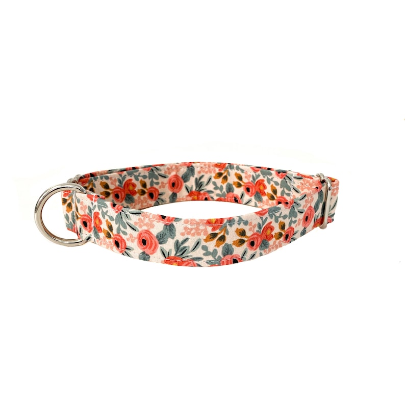 Peut inclure: Un collier de chien blanc avec un motif floral compos&eacute; de fleurs roses et orange sur fond blanc. Le collier a un anneau en D en m&eacute;tal argent&eacute;.