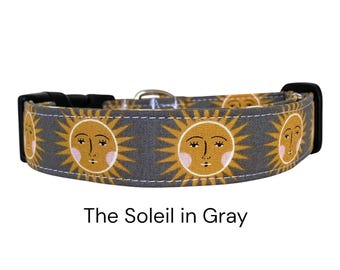The Soleil in Gray Sun Dog Collar / Celestial, Sunshine, Summer Dog Collar / Gray and Yellow / Gift for Dog Lovers
