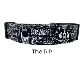 Espeluznante collar de perro de Halloween / Descanse en paz collar de perro / collar blanco y negro / regalo para los amantes de los perros