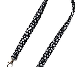 Black and White Dog Paws Lanyard, Lanyard for Keys, ID Badge Holder, Name Tag Lanyard, Key Lanyard, Teacher Gift, Fabric Lanyard