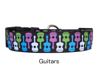 Guitar Dog Collar / Acoustic Guitar Collar / Purple, Green, Blue, White / Gift for Dog Lovers