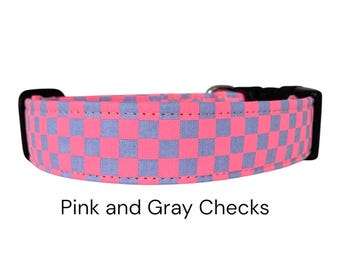 Pink and Gray Checks Dog Collar /  Classic Checkerboard Design / Gift for Dog Lovers