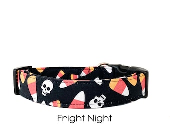 Fright Night Dog Collar / Halloween Dog Collar / Holiday Collar / Candy Corn and Skulls / Gift for Dog Lovers