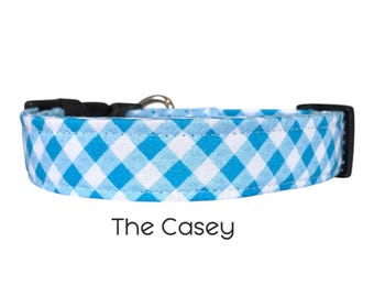 Casey Hundhalsband / Blått och vitt randigt halsband / Rutigt, rutigt, ginghammönster, present till hundälskare