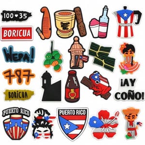 May include: A collection of colourful Puerto Rican themed charms and stickers. Includes a coffee maker, a shield with the Puerto Rican flag, and text that says "Borícua", "Wepa!", "787", and "¡Ay, Coño!".