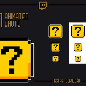 May include: Animated Twitch emote featuring a yellow question mark in a black square. The emote comes in four sizes, including a large version with the text "1 ANIMATED EMOTE" and "INSTANT DOWNLOAD".