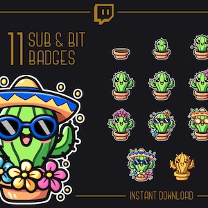 Peut inclure: Un ensemble de 11 badges Twitch pour les abonnements et les bits, représentant un cactus de dessin animé portant différents accessoires, dont des lunettes de soleil, un sombrero et des fleurs. Le texte "11 Sub & Bit Badges" est en haut de l'image.
