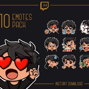 Può includere: Un set di 10 emote Twitch che presentano un personaggio dei cartoni animati con diverse espressioni. Le emote includono un personaggio con cuori per gli occhi, un personaggio che piange, un personaggio con un'espressione sorpresa e altro ancora. Le emote sono progettate per l'uso su Twitch.