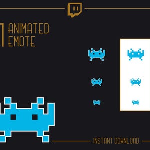 May include: Animated Twitch emote featuring a blue pixelated alien spaceship in various sizes. The text "1 ANIMATED EMOTE" and "INSTANT DOWNLOAD" are also visible.