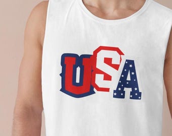 Patriotic Mens Cotton Tank Top: USA Independence Day, Made in USA