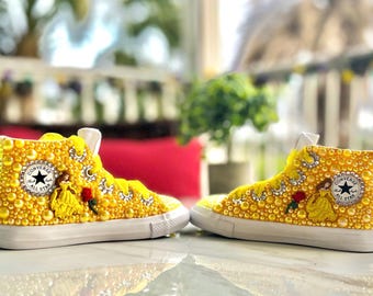 Beauty & The Beast Belle Princess Rhinestone Pearl Bling Converse Shoes