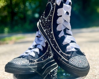 Adult Pop Star Inspired Black and Silver Rhinestone Pearl Bling Converse Shoes