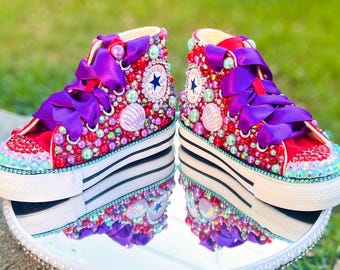 Adult Ariel Under the Sea Mermaid Rhinestone Pearl Bling Converse Shoes