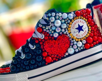 Queen of Hearts Rhinestone Pearl Bling Converse Shoes