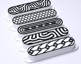 Custom Single Coil Strat Pickup Covers (No Holes) Set of 3 - White/ Black