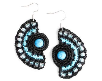 Moon Earrings. Black Crochet Fan Earrings. Moon Arc Earrings Jewelry. Crochet Jewelry. Bohemian Crochet Earrings Dangling. For Women