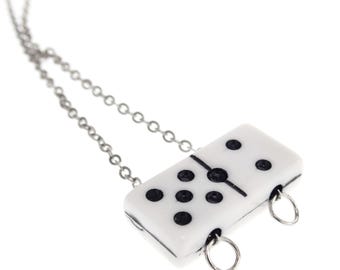 Domino Necklace. Black and White Chain Necklace. Domino Bead Pendant Trend Jewelry. Handmade Womens Amulet with Hanging Acrylic Domino