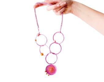 Unique Necklace. Tribal Necklace Statement Jewelry Crochet Necklace. Crochet Jewelry in Pink and Purple