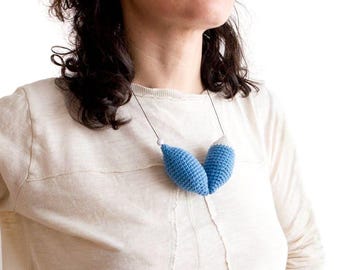 Boho Necklace. Handmade Crochet Necklace, Blue Gray Fiber Jewelry, Lightweight Statement Necklace, Unique Gift for Women