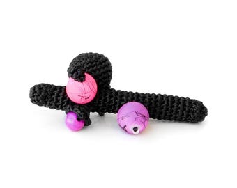 Lapel Pin Textile Jewelry. Black Brooch Pin With Neon Pink Beads. Crochet Jewelry. Handmade Minimalist  Stick