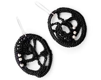 Freeform Crochet Earrings. Dangle Designer Black Satin Yarn Jewelry. Asymmetric Knitted Unique Jewelry Minimalist