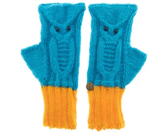 Owl Gloves, Ladies Wool Mittens Fingerless, Youth and Large Size. Yellow and Turquoise Wooly Yarn with Agate Gemstone Eyes