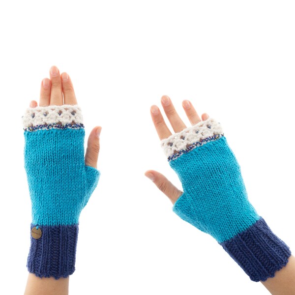 Mitaines laineuses, gants sans doigts au crochet en laine pour adultes, demi-mitaines tricotées à la main pour dames, avec dentelle de laine et perles