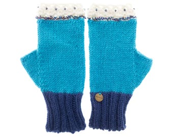 Wooly Mittens, Wool Crochet Fingerless Gloves for Adults, Hand Knit Half Mittens for Ladies, with Woolen Lace and Beads