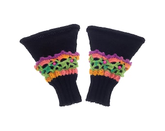 Mitts, Fingerless Mitts, Wool Mittens, Knit Mittens Without Fingers, Black Fingerless Gloves with Lace