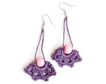 Long Earrings Dangle. Dangling Jewelry Purple Tribal Long Crochet Earrings. Statement Danglers Textile Yarn Jewelry for Her