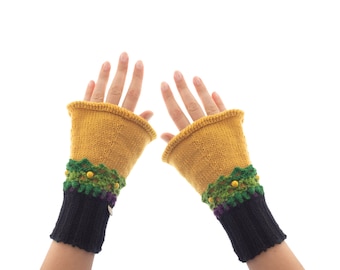 Cashmere Mittens Fingerless, Womens Gloves Wrist Warmers of Black and Mustard Yellow with Lace, Designer Ladies Cuffs