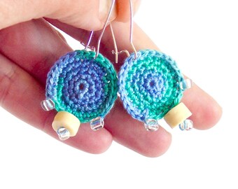 Boho Chic Jewelry Tribal Earrings. Gypsy Yarn Disc Earrings Crochet Jewelry. Crochet Earrings Dangling