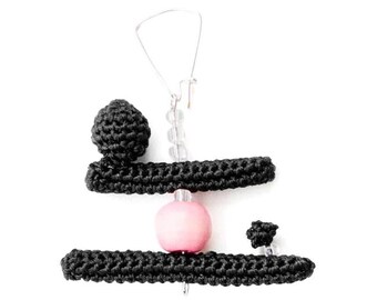 Bar Jewelry. Bar Brooch Crochet Brooch Pin. Black Yarn Pink Abstract Jewelry. Handmade Unique Minimalist Brooch Knit Satin