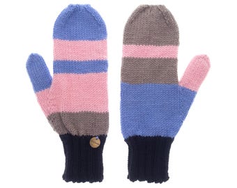 Mittens Adult, Cute Mittens Gloves, Hand Knitted Winter Asymmetrical Womens Mittens, Pink and Blue Cashmere Wool Mitten Gloves