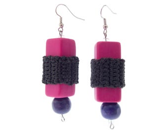 Big Earrings for Women Square, Lightweight Wooden Dangle Jewelry, Pink Black Colorful Elegant Statement Danglers for Evening