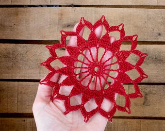 Xmas Decorations, Handmade Crochet Red Snowflake Ornament, Christmas Tree Decoration, Xmas Decor, Holiday Ornament Crochet, Rustic Xmas