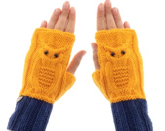 Cool Fingerless Gloves Womens, Winter Cool Looking Driving Mittens, Youth Yoga Texting Owl Mitts of Yarn with Agate Eyes