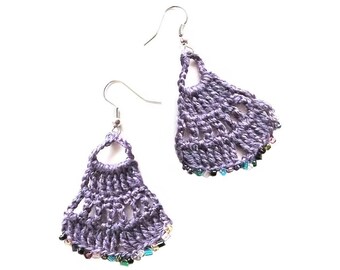Earrings Handmade. Purple Lace Triangle Crochet Earrings for Women. Violet Geometric Statement Unique Simple Crochet Jewelry Dangling