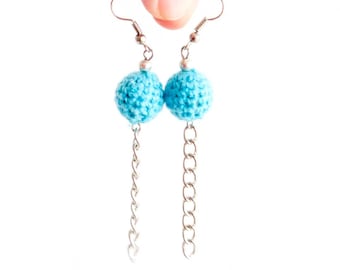 Handmade Ball Earrings. Sphere Earrings. Turquoise Textile Ball Chain Earrings. Crochet Yarn Jewelry. Knitted Minimalist Danglers Statement