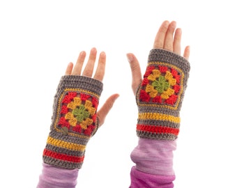 QUIRKY LONG WRIST WARMER GLOVES COTTON VELVET EMBROIDERY LINED ETHNIC HIPPY BOHO 