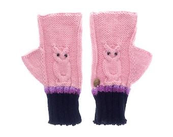 Crochet Mittens Fingerless Gloves, Womens Owl Wrist Warmers for Adults of Wool, Pink
