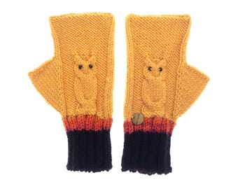 Gloves Fingerless, Ladies Cashmere Fingerless Winter Mittens, Womens Funky Owl Half Gloves, Mustard Yellow