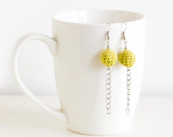 Designer Earrings, Beach Earrings, Green Crochet Balls Dangling Jewelry, Yarn Earrings Handmade, Bohemian Long Danglers Bijoux