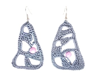 Lace Earrings Wedding, Lace Bridal Earrings, Triangle Chandelier Earrings, Crochet Drop Dangle Effect Hoop Handmade Grey Silver Color