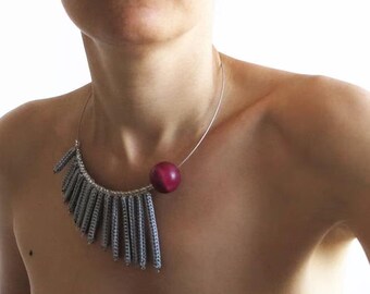 Statement Necklace. OOAK Jewelry. Fringe Necklace Bijoux Crochet Necklace. Asymmetrical Gray Bars Collier Jewelry Pink Bead