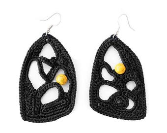 Triangle Earrings. Lace Freeform Crochet Jewellery Earrings Black Geometric Textile Earrings Minimalist Unique Big Dangling Satin Jewelry