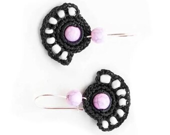 Fan Earrings. Fan Textile Jewelry Crochet Earrings. Black Crochet Knitted Handmade Danglers Boho. Simple Statement Jewelry with Pink Beads