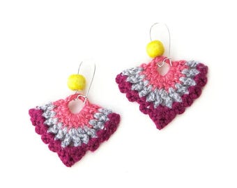 Designer Jewelry Earrings Handmade. Urban Fashion Crochet Jewelry Pink Gray Dangling Textile. Knitted Yarn Wood Beads Earrings