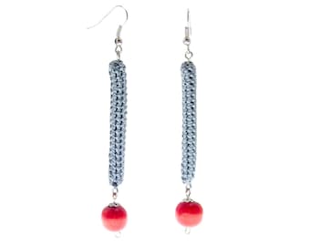 Unique Jewelry Bar Earrings. Grey Satin Yarn Womens Crochet jewelry. Textile Statement Earrings Minimalist Danglers