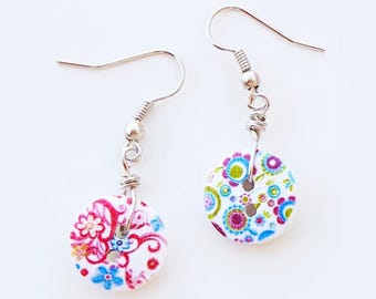 Designer Earrings. Cool Funky Dangling Jewelry. Asymmetric Button Earrings. Colorful Button Jewellery, Unique Handmade Street Fashion